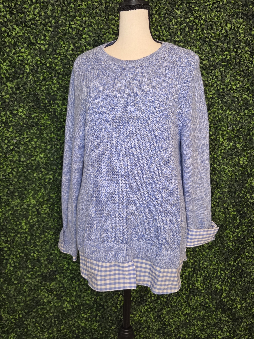 Talbots Gingham Trim Crewneck Sweater Blue & White Large